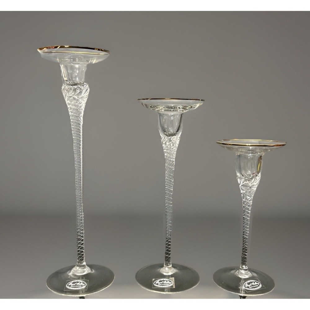 Royal Gallery Lead Crystal Candlestick Holders Gold Rim Slovakia 1997 Set/3